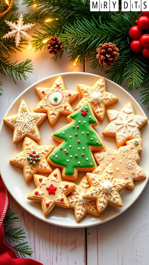 A plate of decorated Victorian Christmas cookies in festive shapes, surrounded by holiday decorations.
